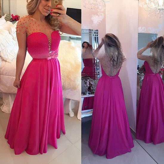 A-line Scoop Neck Chiffon Floor-length Lace Prom Dresses