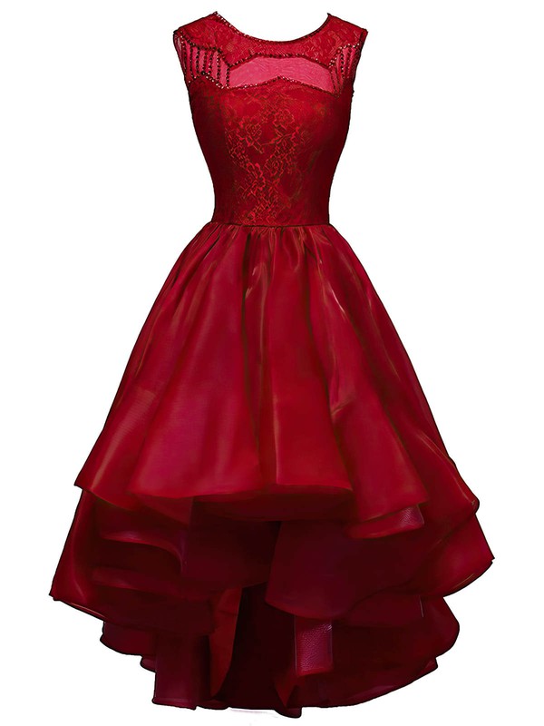 Latest A-line Scoop Neck Organza Lace with Sequins Asymmetrical Burgundy Prom Dresses