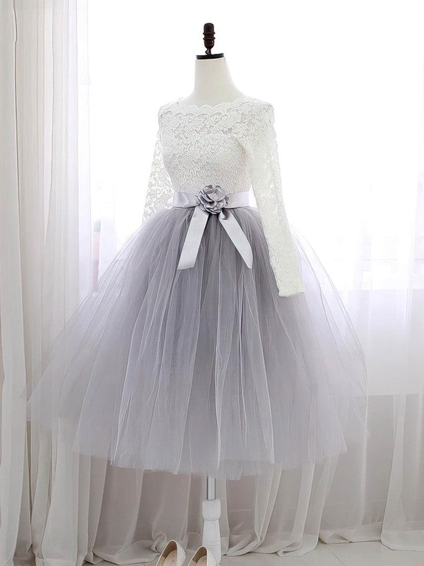 A-Line Scalloped Neck Prom Dress with Lace Tulle and Sashes/Ribbons