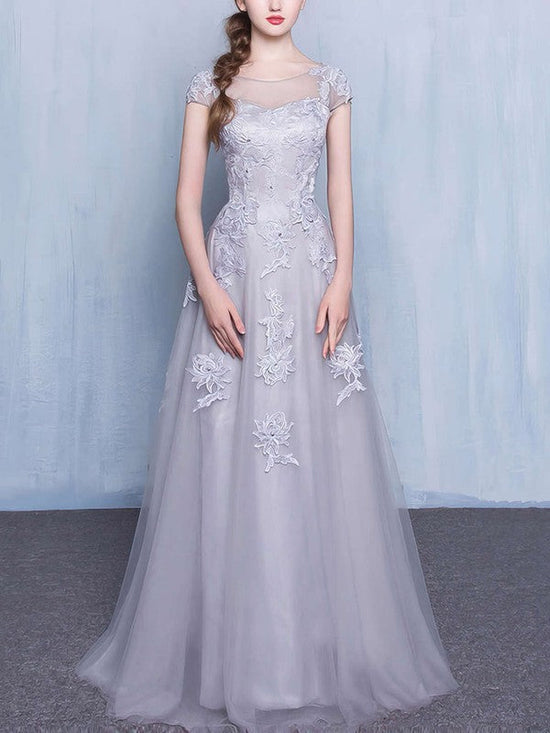 A-line Scoop Neck Tulle Floor-length Prom Dress with Appliques and Lace