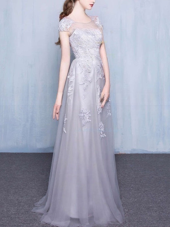 A-line Scoop Neck Tulle Floor-length Prom Dress with Appliques and Lace