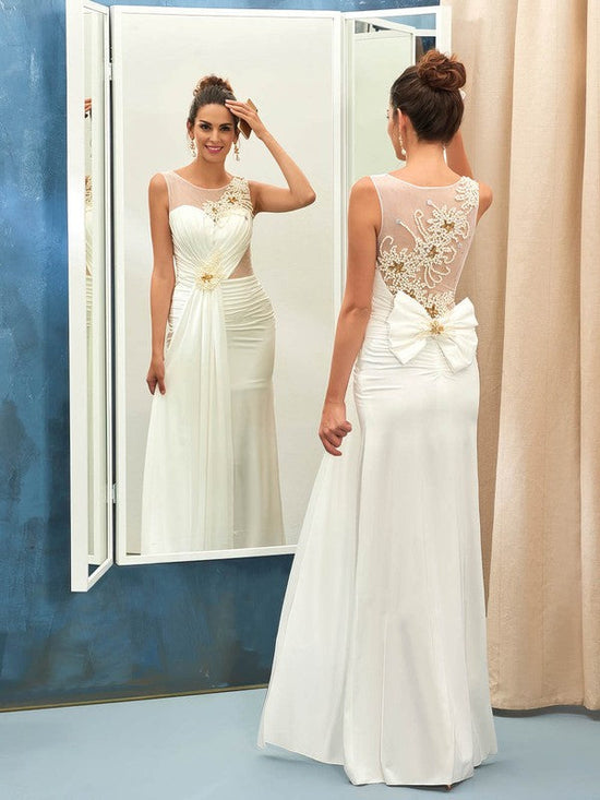 Elegant Sheath/Column Scoop Neck Tulle Silk-like Satin Prom Dress with Bow