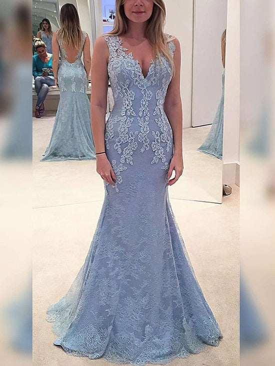 Gorgeous V-Neck Lace Applique Trumpet/Mermaid Prom Dress