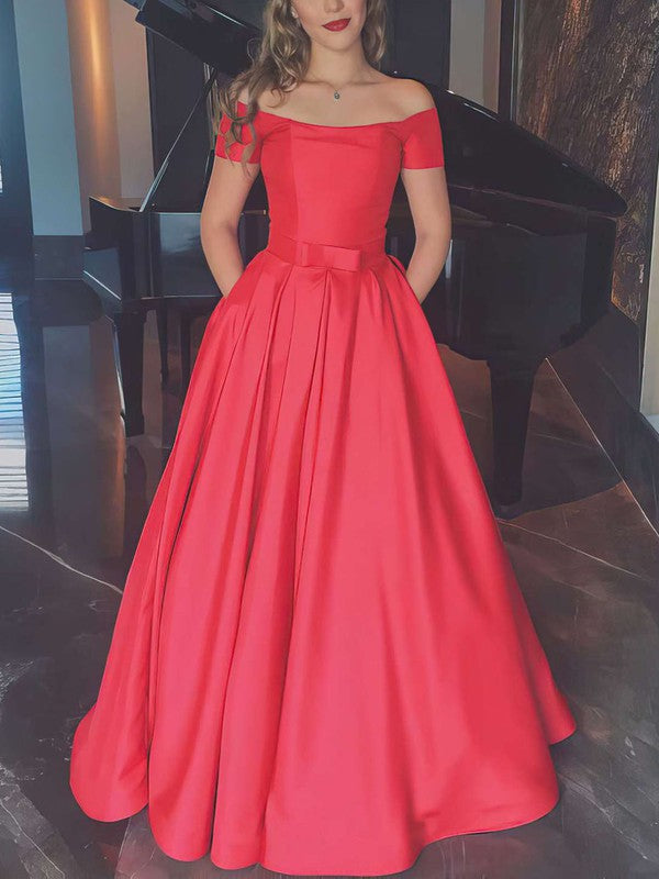 A-line Satin Prom Dresses with Off-the-shoulder and Floor-length Sashes / Ribbons