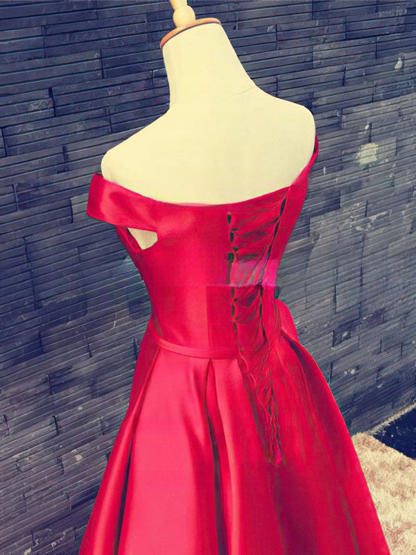 A-line Satin Prom Dresses with Off-the-shoulder and Floor-length Sashes / Ribbons