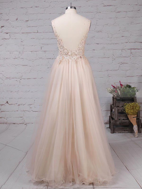 V-neck Tulle Appliques Lace Prom Dress for Ball Gown/Princess Floor-length