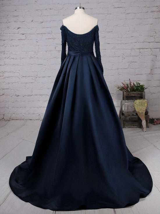 Stunning Off-the-shoulder Satin Ball Gown/Princess Sweep Train Prom Dresses with Beading