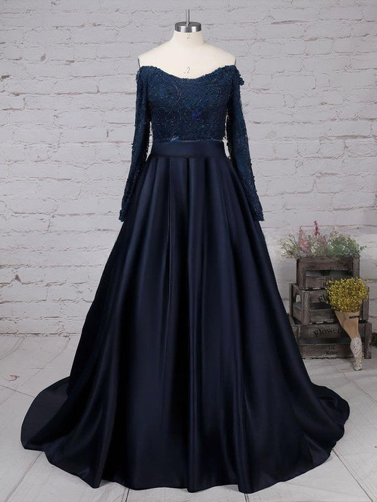 Stunning Off-the-shoulder Satin Ball Gown/Princess Sweep Train Prom Dresses with Beading