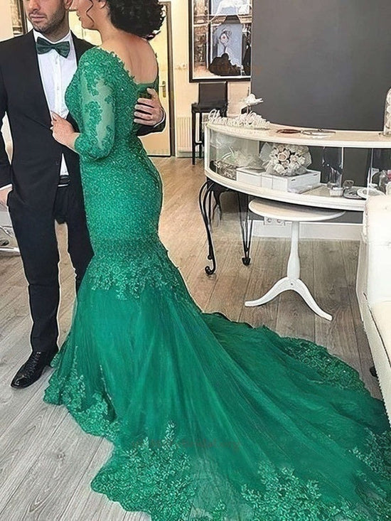 Trumpet/Mermaid V-neck Tulle Court Train Appliques Lace Prom Dresses