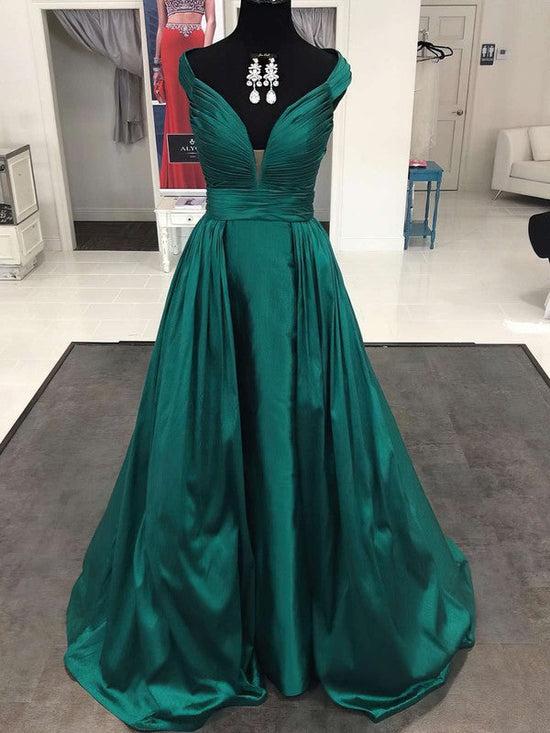 Beautiful A-line V-neck Satin Prom Dress with Ruffles and Sweep Train
