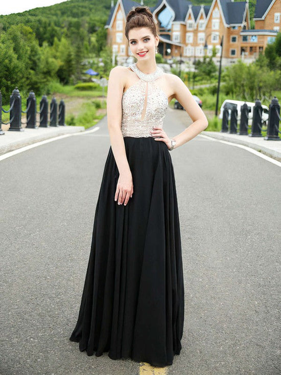 A-line Scoop Neck Chiffon Prom Dresses with Crystal Detailing