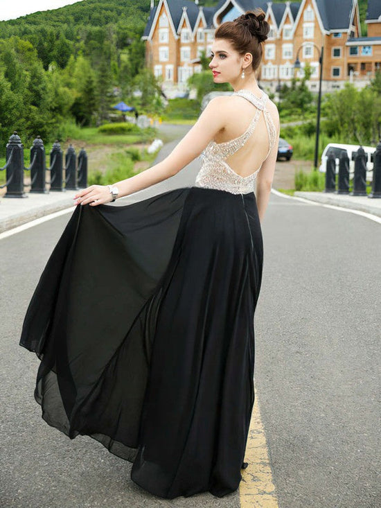 A-line Scoop Neck Chiffon Prom Dresses with Crystal Detailing