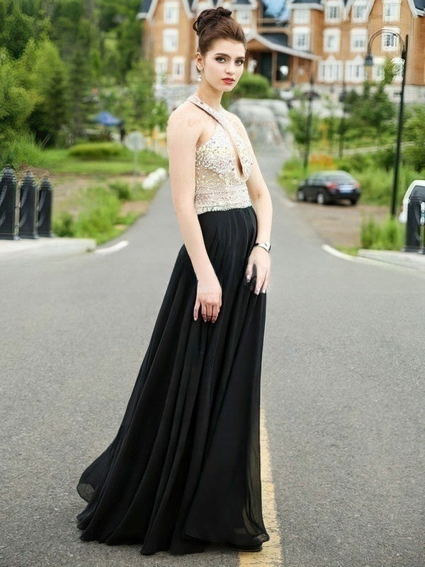 A-line Scoop Neck Chiffon Prom Dresses with Crystal Detailing