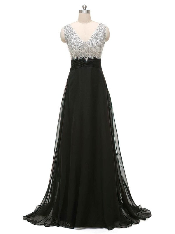 A-line V-neck Chiffon Sweep Train Beading Prom Dresses