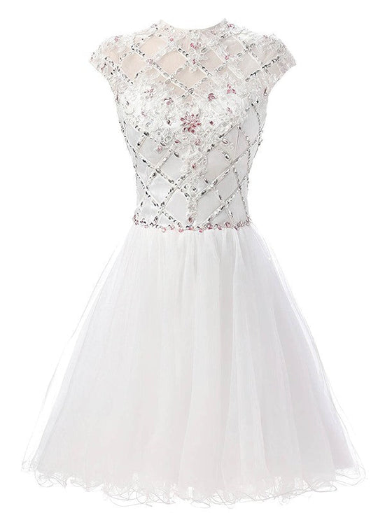 A-line High Neck Tulle Short Prom Dress with Beading