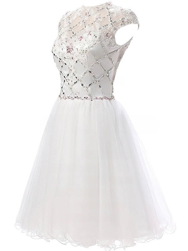 A-line High Neck Tulle Short Prom Dress with Beading