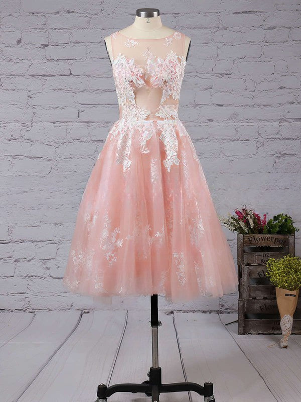 Scoop Neck Tulle Tea-length Prom Dress with Appliques Lace