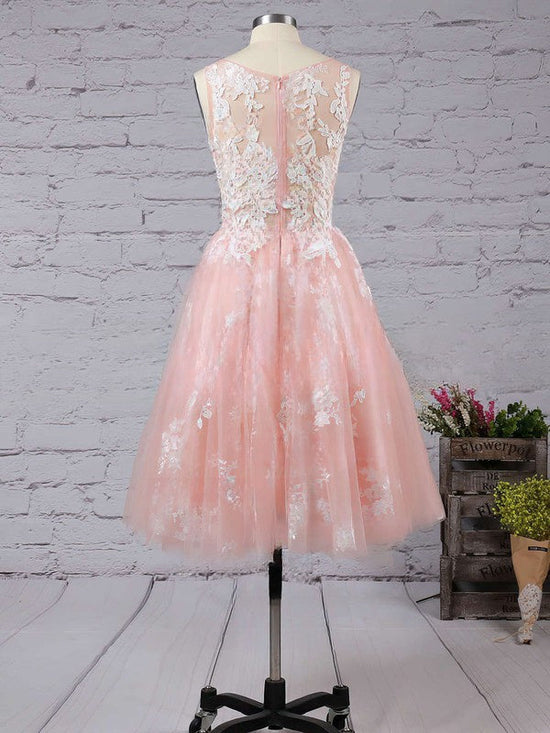Scoop Neck Tulle Tea-length Prom Dress with Appliques Lace