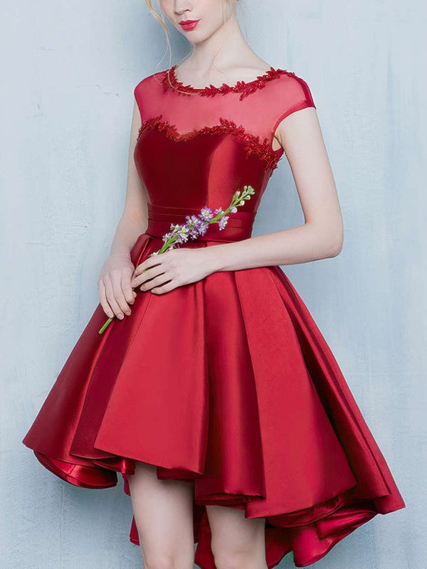 Princess Satin Prom Dress with Asymmetrical Beading and Scoop Neck