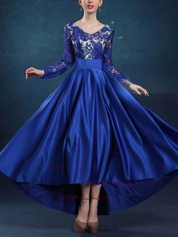 A-line V-Neck Satin Asymmetrical Lace Prom Dresses