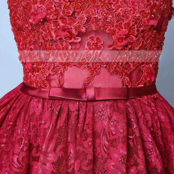 Princess Scoop Neck Lace Prom Dresses with Asymmetrical Appliques