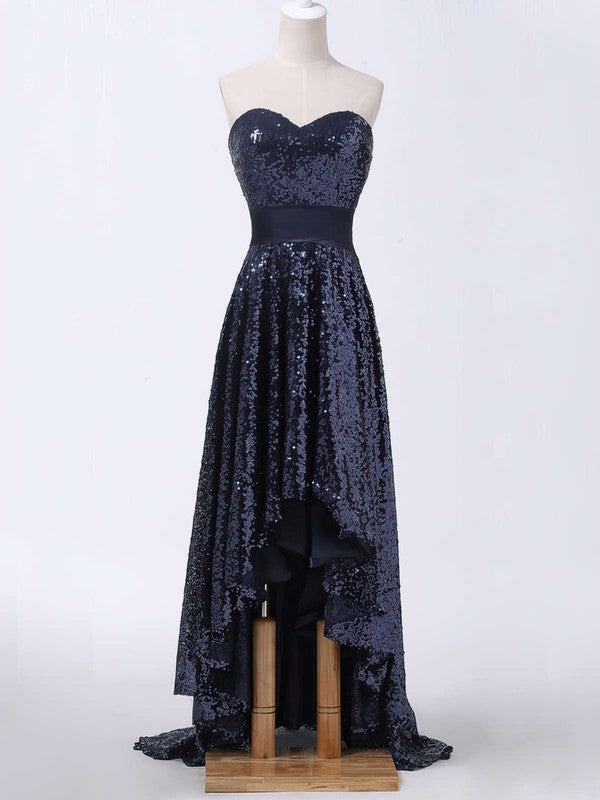 A-line Sweetheart Sequined Asymmetrical Sashes Prom Dresses