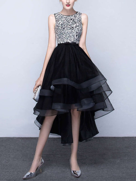 Princess Scoop Neck Organza Prom Dress with Asymmetrical Beading