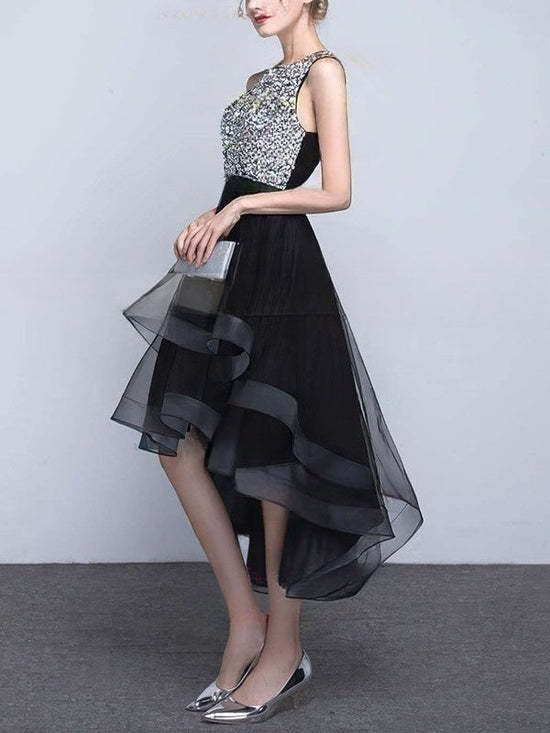 Princess Scoop Neck Organza Prom Dress with Asymmetrical Beading