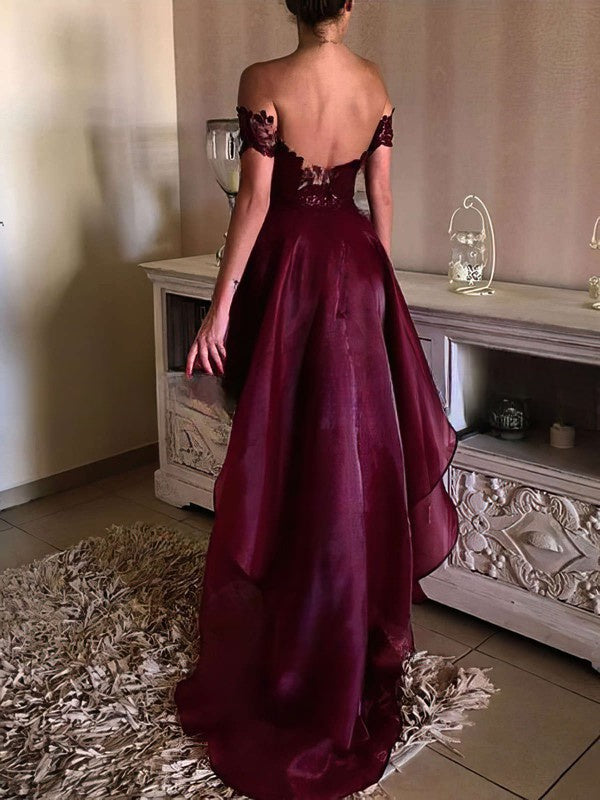 Asymmetrical Lace Appliques Prom Dress - A-line Off-the-shoulder Organza