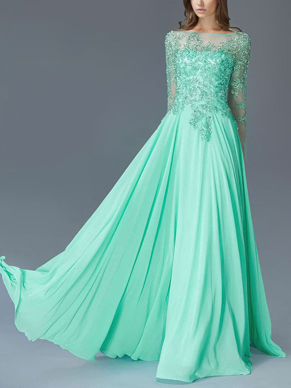 Stylish A-line Scoop Neck Chiffon Floor-length Appliques Lace Prom Dresses