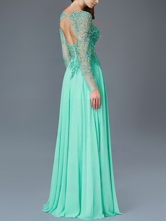 Stylish A-line Scoop Neck Chiffon Floor-length Appliques Lace Prom Dresses