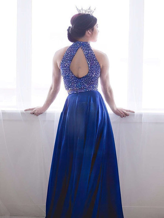 A-line High Neck Satin Prom Dress with Beaded Sweep Train