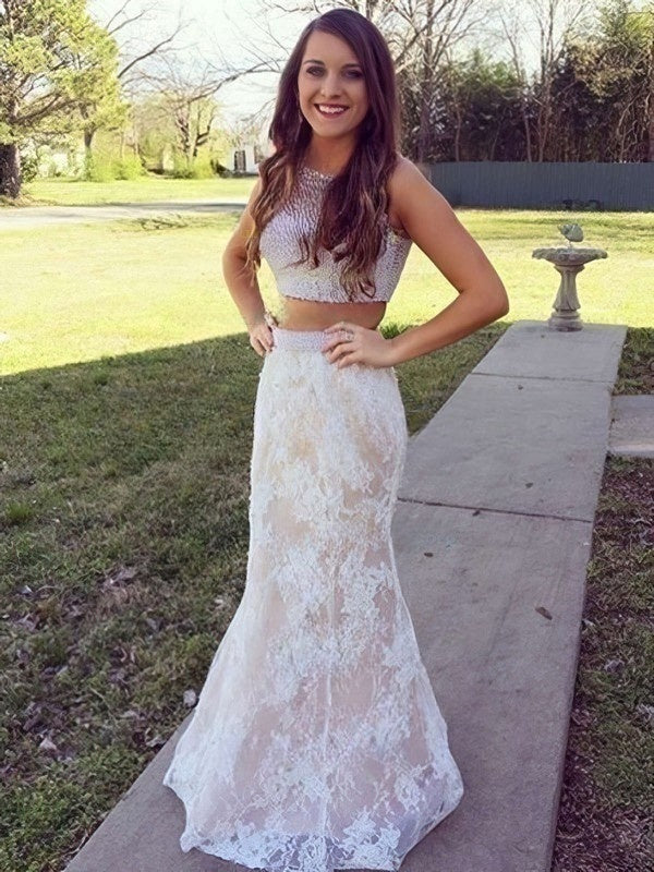 Trumpet/Mermaid Prom Dress with Scoop Neck, Lace, Sweep Train & Pearl Detailing