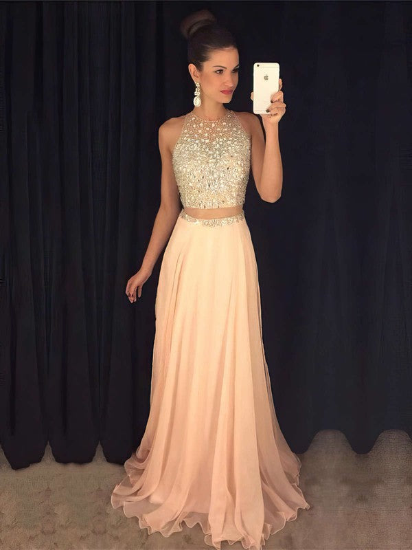 A-line Scoop Neck Tulle Chiffon Prom Dress with Beading and Sweep Train
