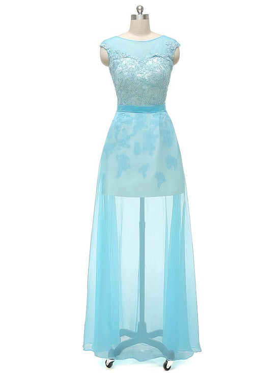Lace Appliques Chiffon Floor-Length Prom Dress with Sheath/Column Scoop Neck