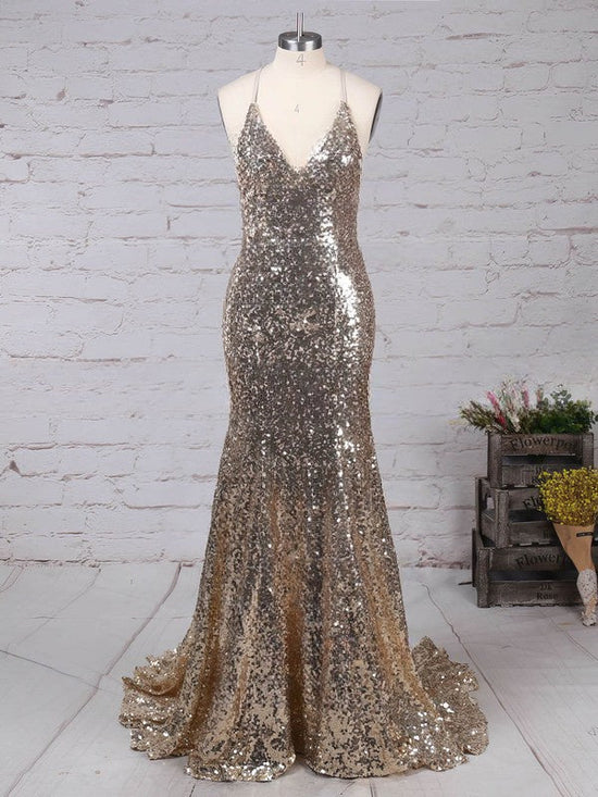 Glamorous V-neck Trumpet/Mermaid Sequined Prom Dress with Sweep Train