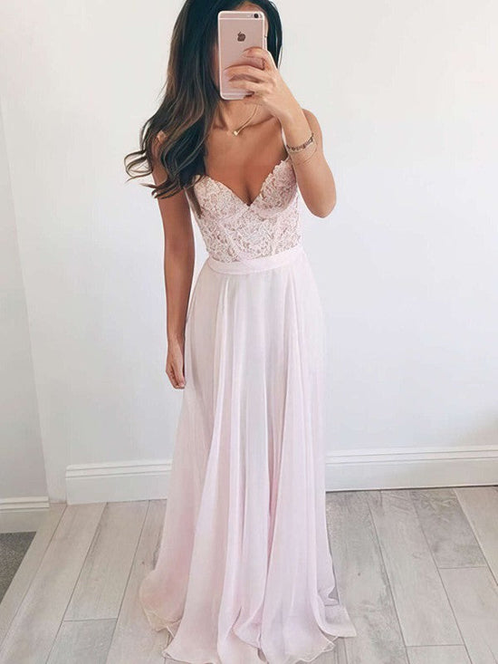 A-line V-neck Chiffon Floor-length Beading Prom Dresses