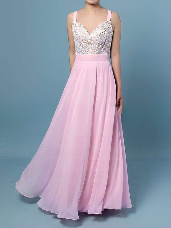 A-line V-neck Chiffon Floor-length Beading Prom Dresses