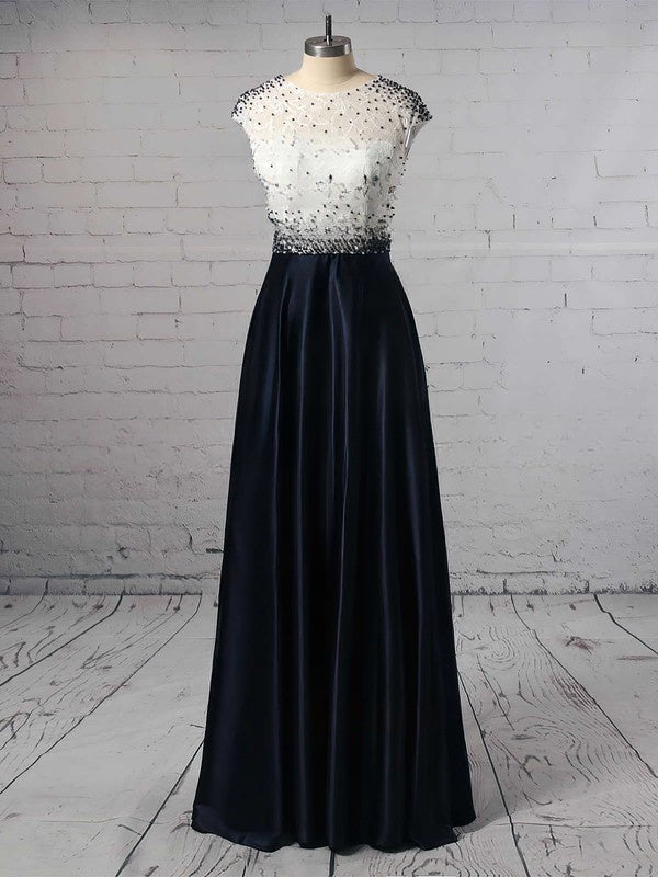 A-line Scoop Neck Lace Satin Prom Dress with Beading