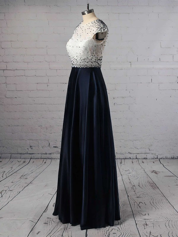 A-line Scoop Neck Lace Satin Prom Dress with Beading