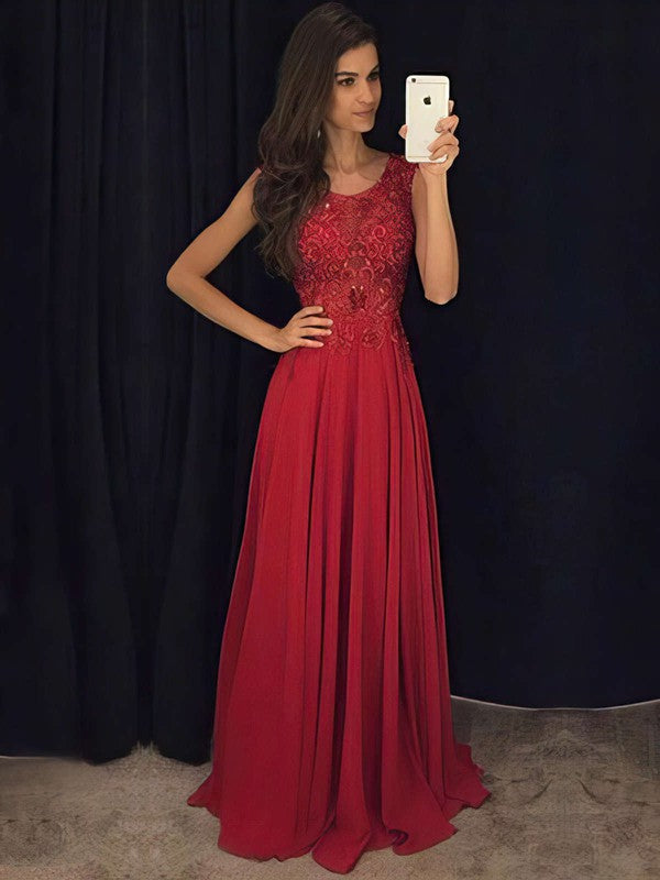 A-line Scoop Neck Chiffon Floor-length Appliques Lace Prom Dresses