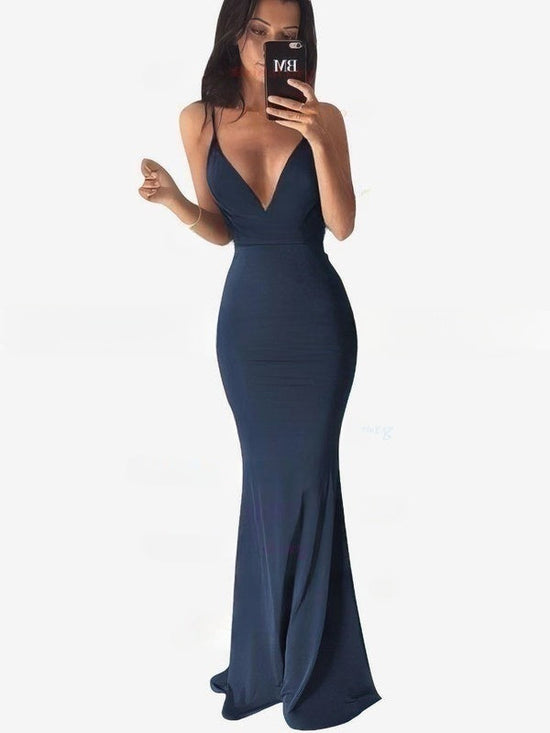 V-neck Sheath/Column Sweep Train Jersey Prom Dress with Ruffles