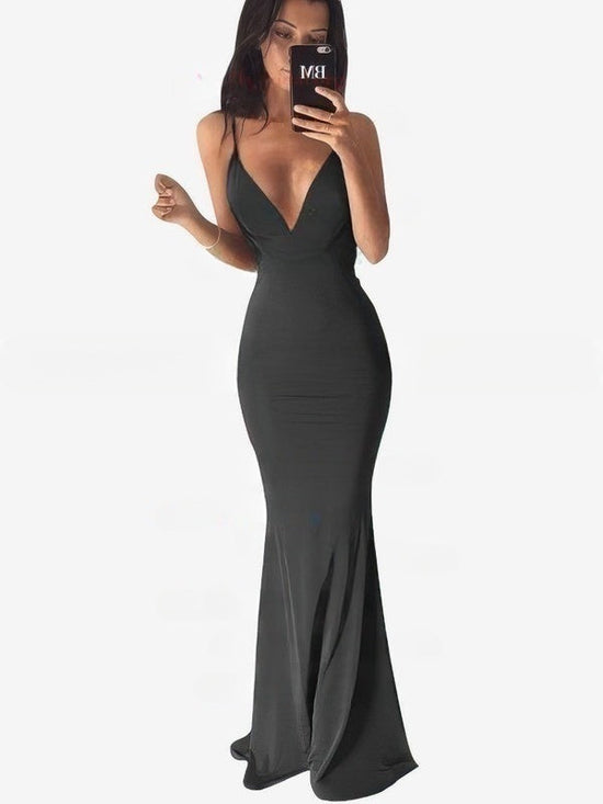 V-neck Sheath/Column Sweep Train Jersey Prom Dress with Ruffles