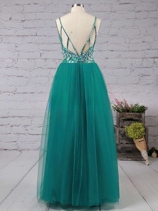 Elegant A-line V-neck Tulle Floor-length Beading Prom Dresses
