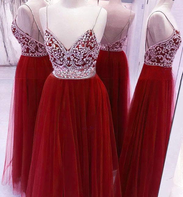 Elegant A-line V-neck Tulle Floor-length Beading Prom Dresses