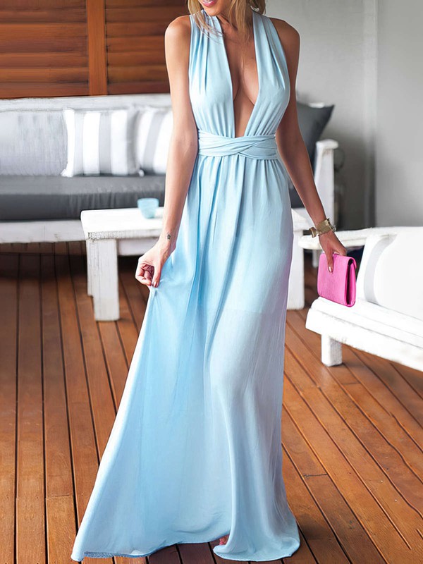 V-neck Chiffon Floor-length Sheath Prom Dress with Ruffles