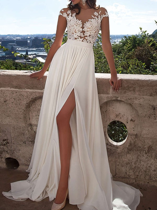 A-line Chiffon Prom Dress with Scoop Neck, Appliques Lace and Sweep Train