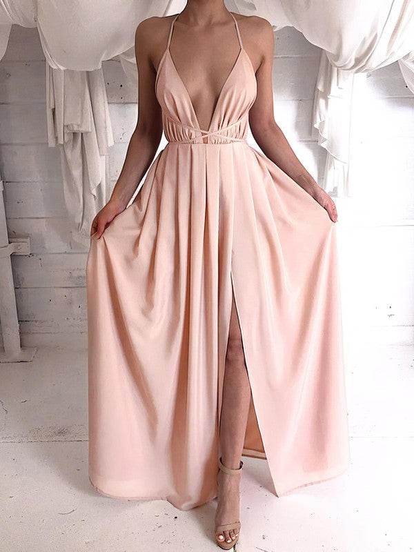 A-line V-neck Chiffon Split Front Prom Dress for Floor-length Style