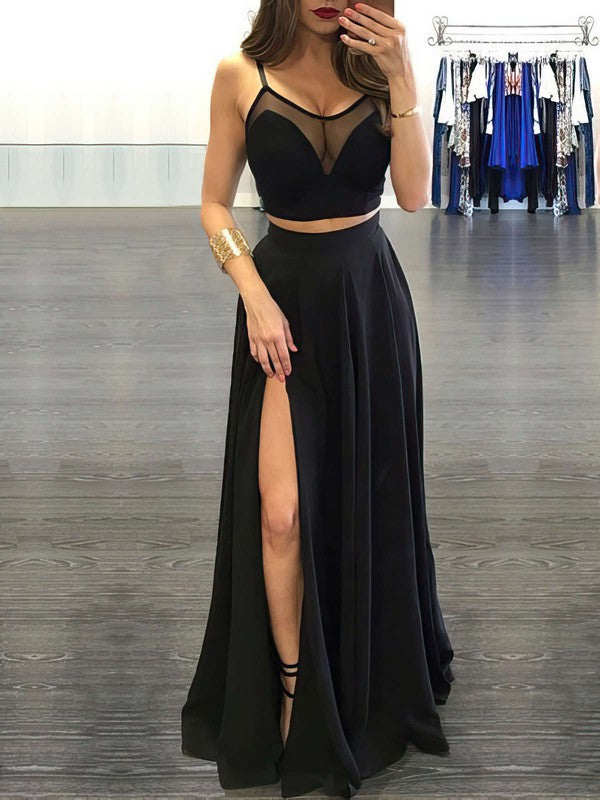 A-line Floor-length Chiffon Prom Dress with Scoop Neck and Split Front