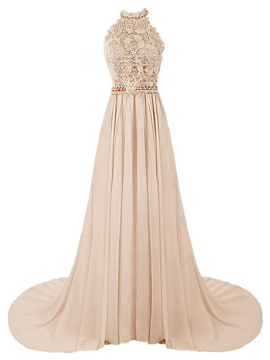 A-Line Halter Lace Chiffon Prom Dress with Beaded Sweep Train